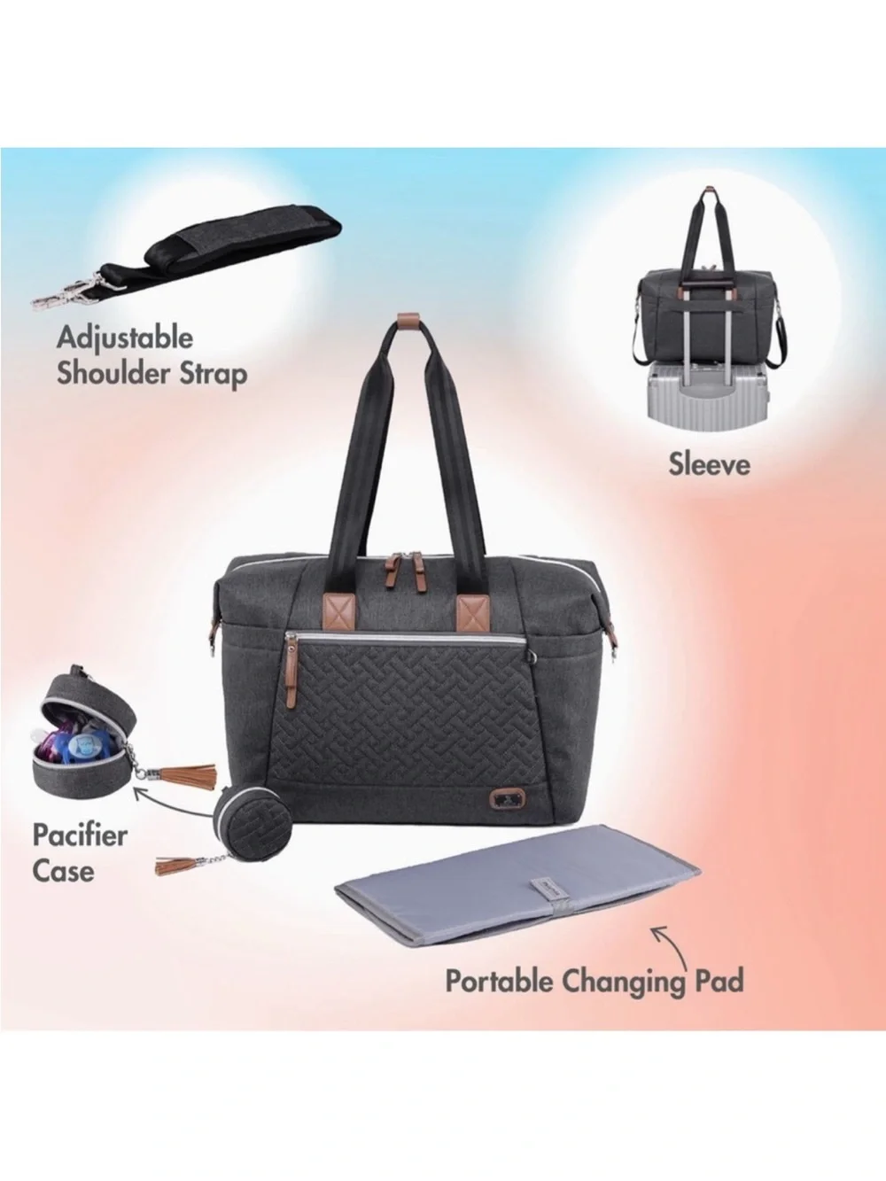 Quilted Gray Baby Diaper Bag Tote with Tassel Charm